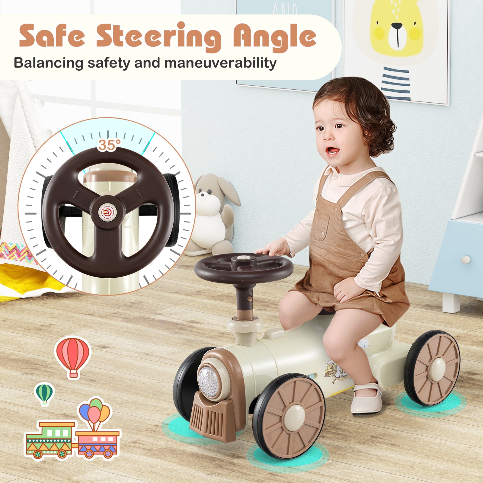 Ride on Push Car with Storage Compartment and Train Whistle Sound Button-Beige