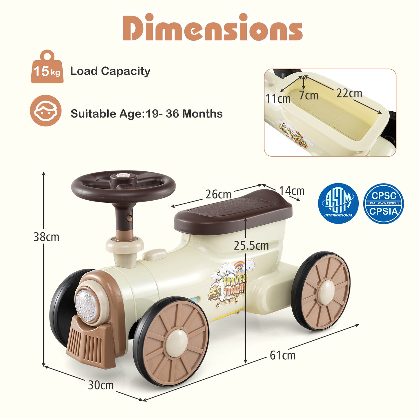 Ride on Push Car with Storage Compartment and Train Whistle Sound Button-Beige