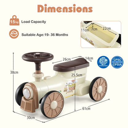 Ride on Push Car with Storage Compartment and Train Whistle Sound Button-Beige