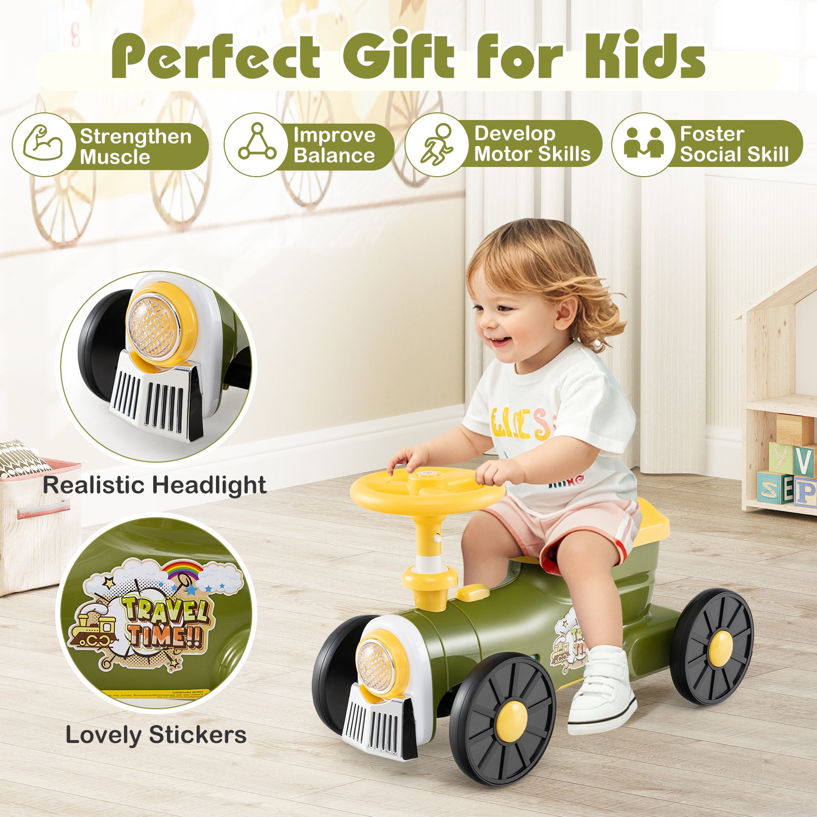 Ride on Push Car with Storage Compartment and Train Whistle Sound Button-Green