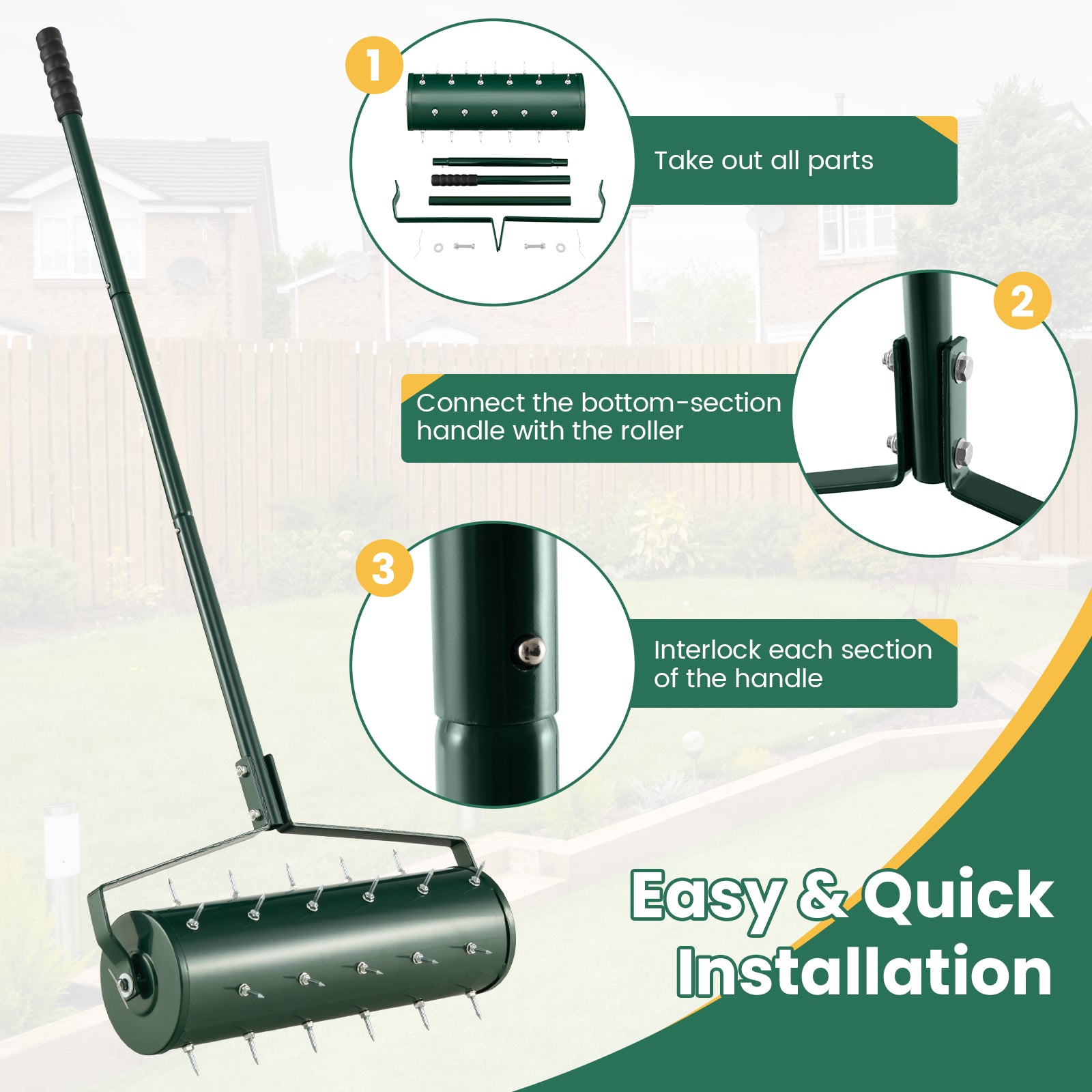 Heavy-Duty Rolling Aerator for Lawn Care Filled Sand Stone-Green-53 cm