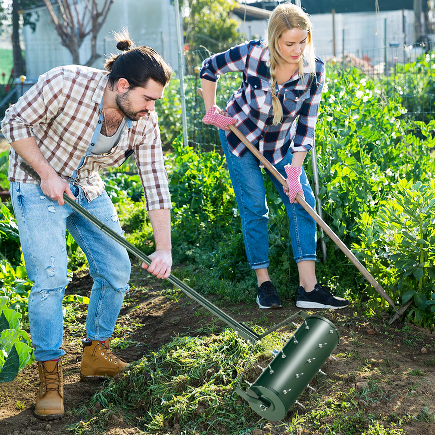Heavy-Duty Rolling Aerator for Lawn Care Filled Sand Stone-Green-45 cm