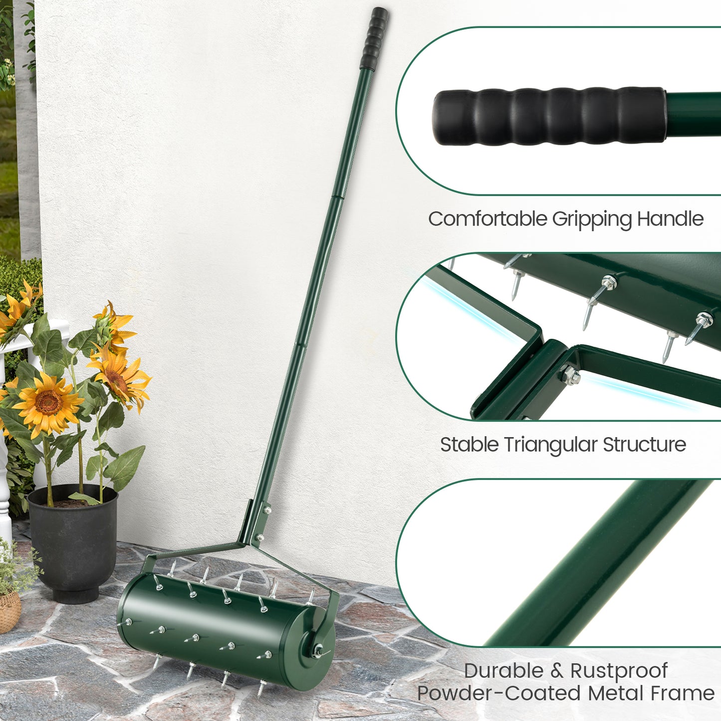 Heavy-Duty Rolling Aerator for Lawn Care Filled Sand Stone-Green-45 cm