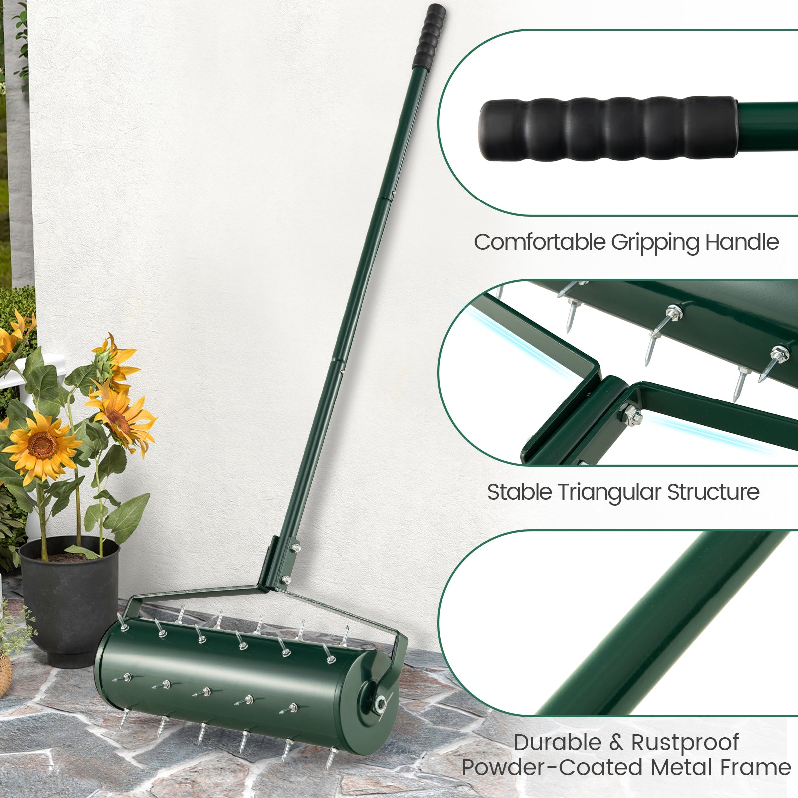 Heavy-Duty Rolling Aerator for Lawn Care Filled Sand Stone-Green-53 cm