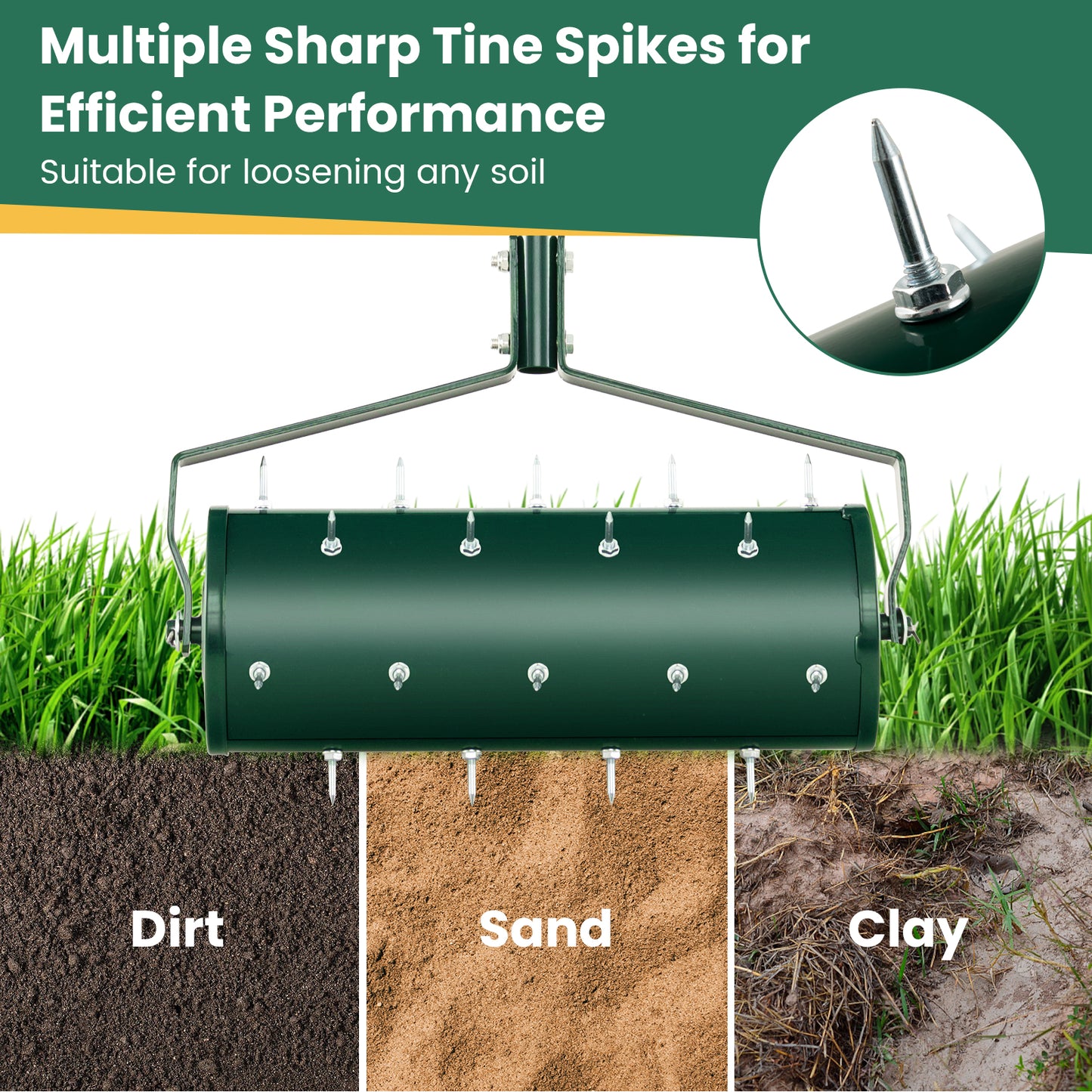 Heavy-Duty Rolling Aerator for Lawn Care Filled Sand Stone-Green-45 cm