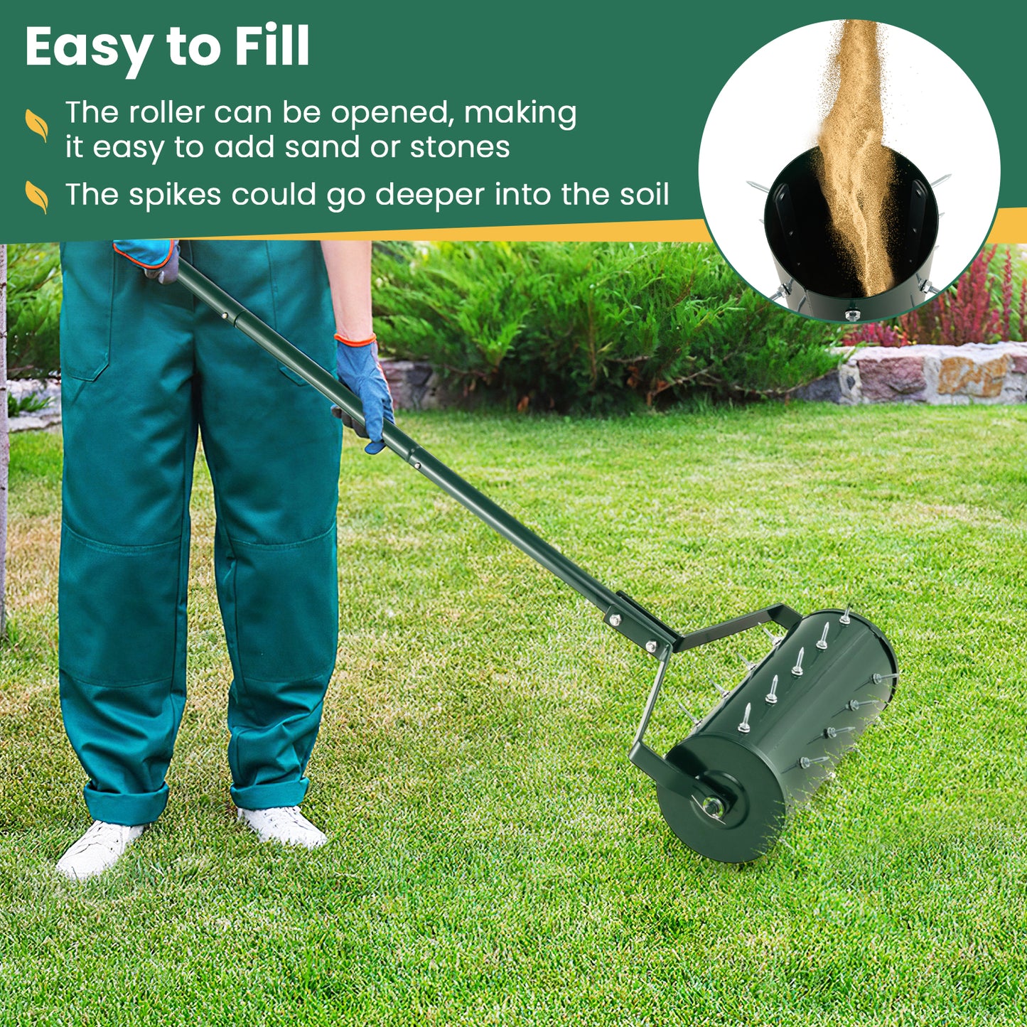 Heavy-Duty Rolling Aerator for Lawn Care Filled Sand Stone-Green-45 cm