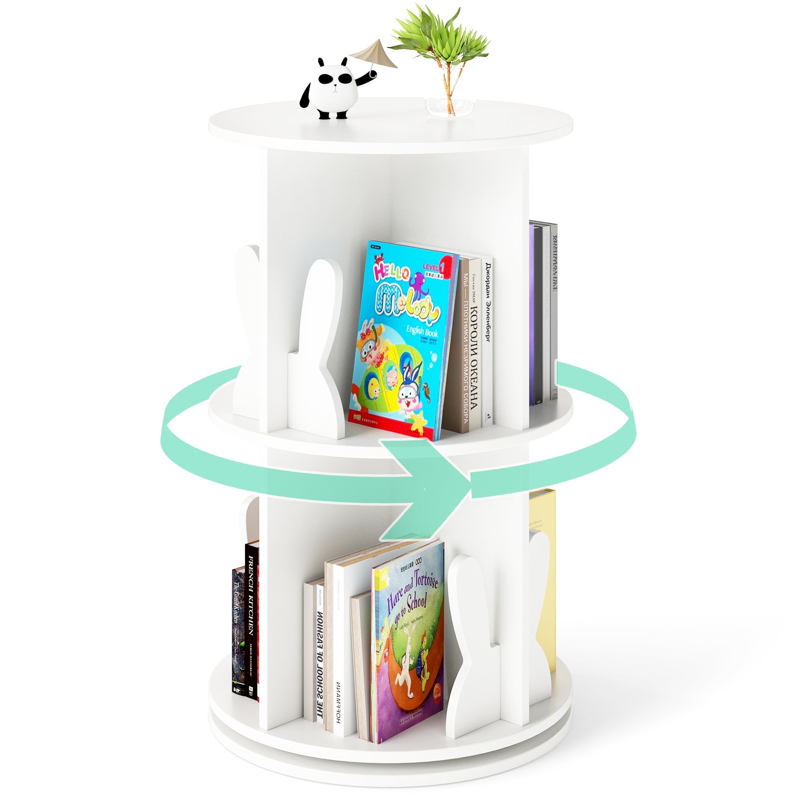 Rotating Bookshelf Cute 2-tier Kids Bookcase with Bunny Baffles-White