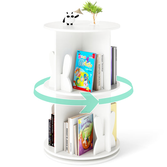 Rotating Bookshelf Cute 2-tier Kids Bookcase with Bunny Baffles-White
