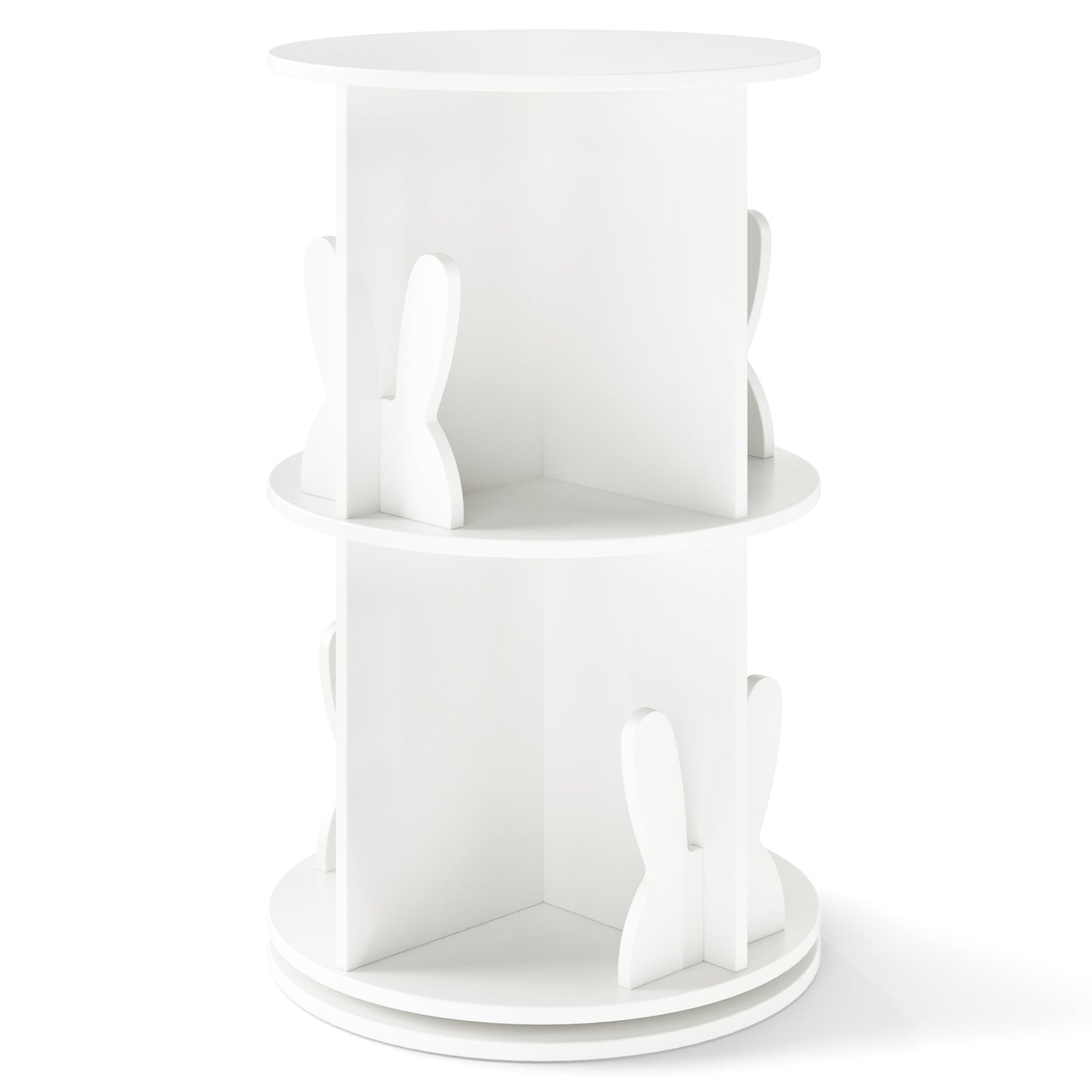 Rotating Bookshelf Cute 2-tier Kids Bookcase with Bunny Baffles-White