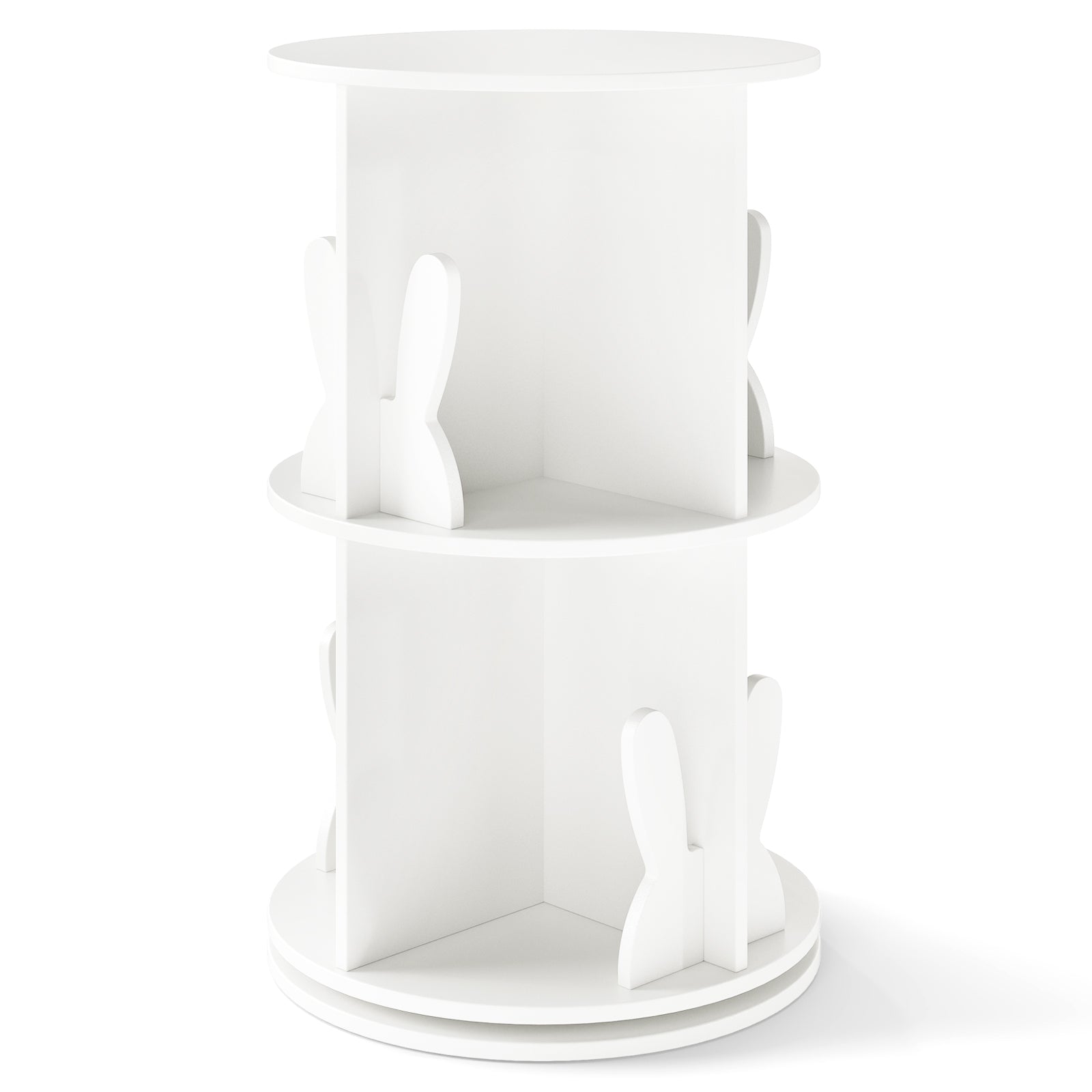 Rotating Bookshelf Cute 2-tier Kids Bookcase with Bunny Baffles-White