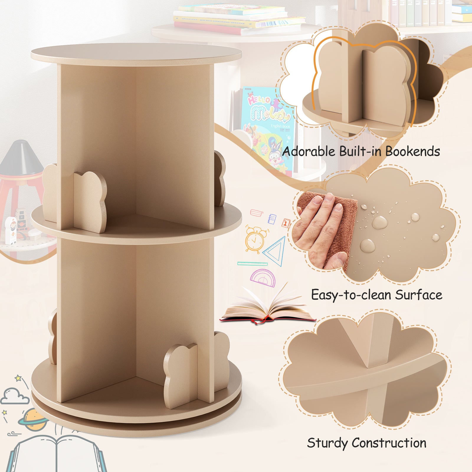 Rotating Bookshelf Cute 2-tier Kids Bookcase with Bear Bookends-Natural
