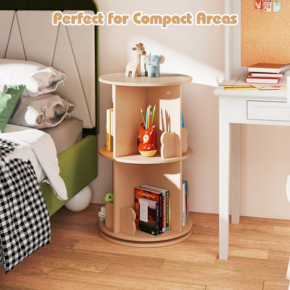 Rotating Bookshelf Cute 2-tier Kids Bookcase with Bear Bookends-Natural