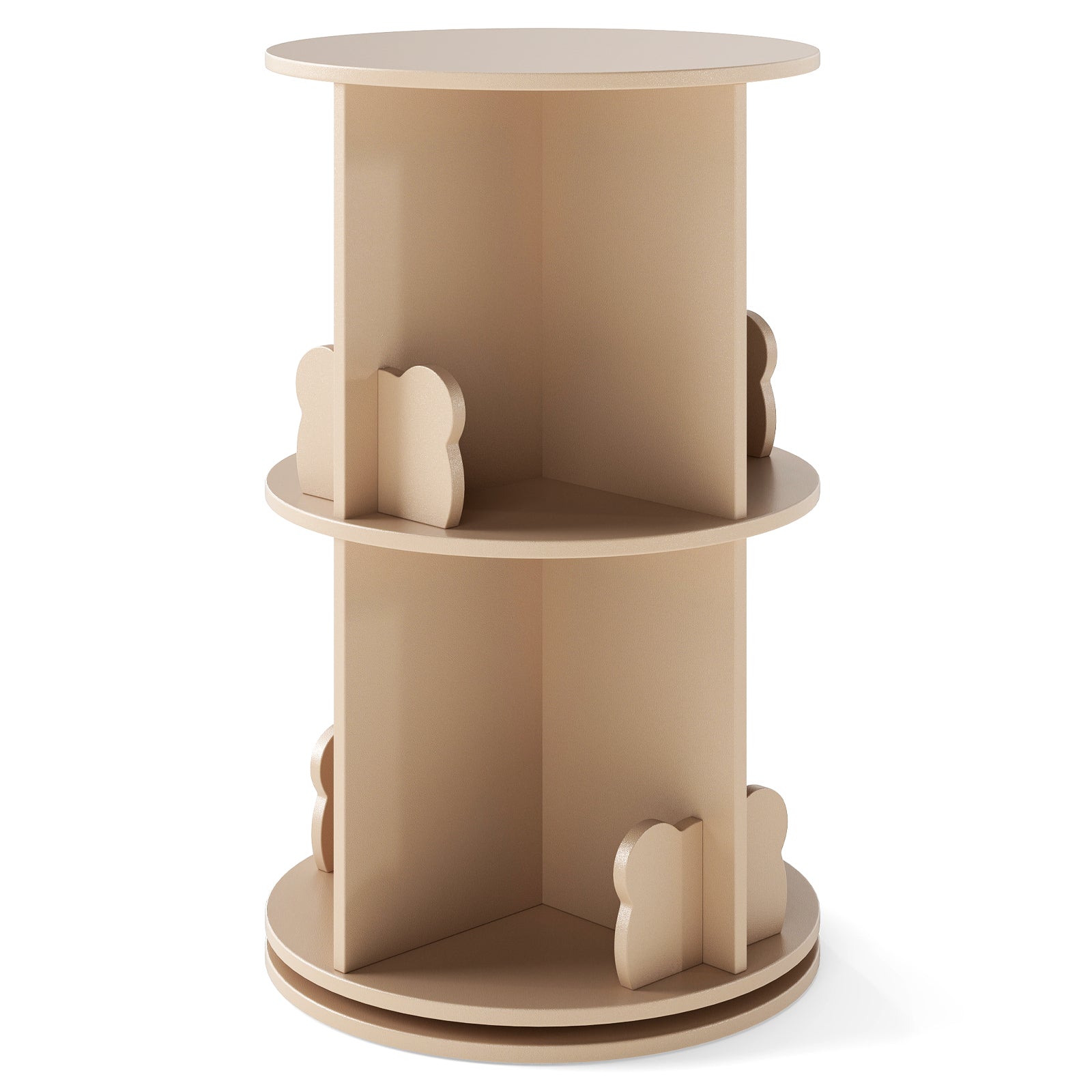 Rotating Bookshelf Cute 2-tier Kids Bookcase with Bear Bookends-Natural