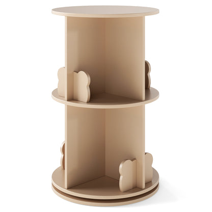 Rotating Bookshelf Cute 2-tier Kids Bookcase with Bear Bookends-Natural