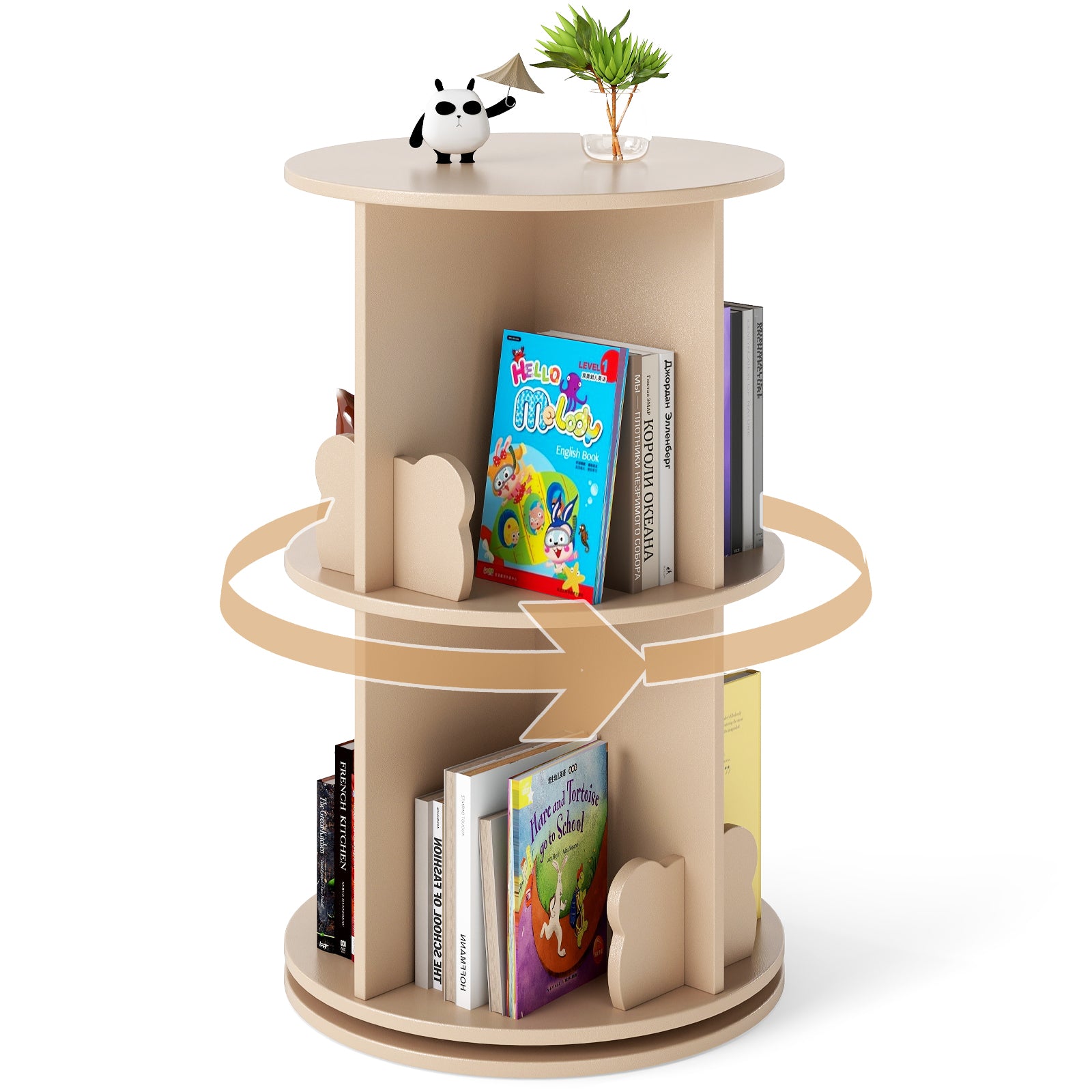 Rotating Bookshelf Cute 2-tier Kids Bookcase with Bear Bookends-Natural