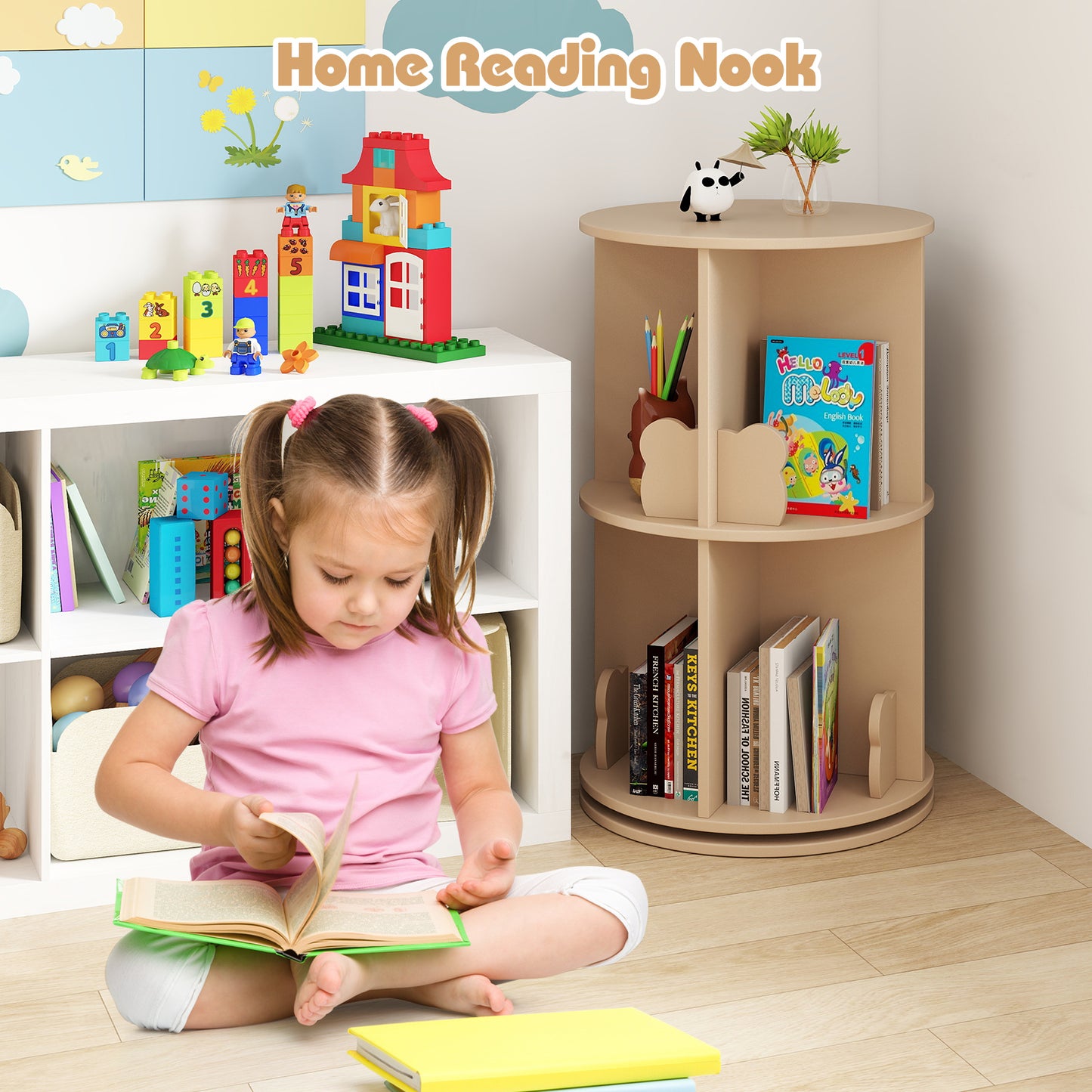 Rotating Bookshelf Cute 2-tier Kids Bookcase with Bear Bookends-Natural