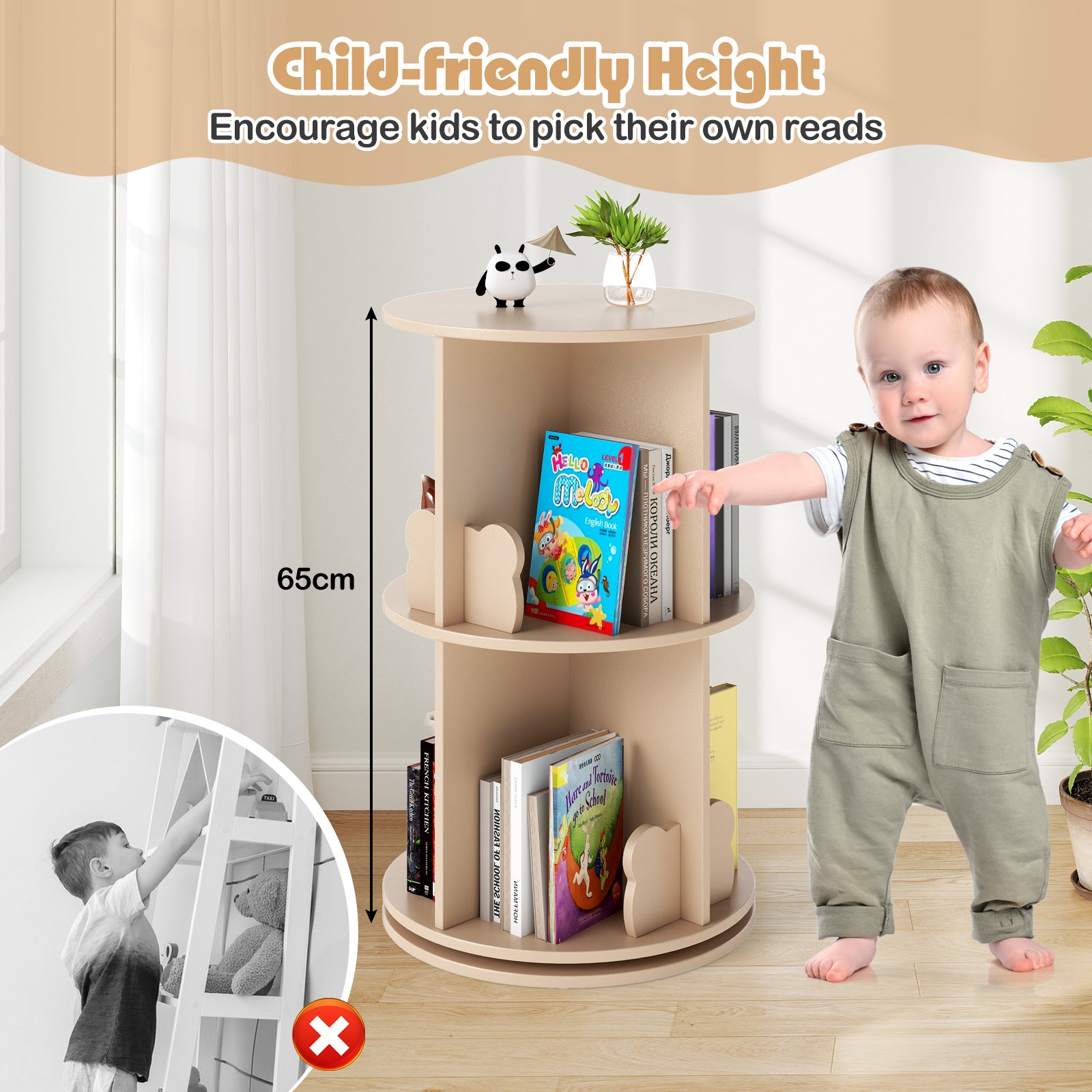 Rotating Bookshelf Cute 2-tier Kids Bookcase with Bear Bookends-Natural