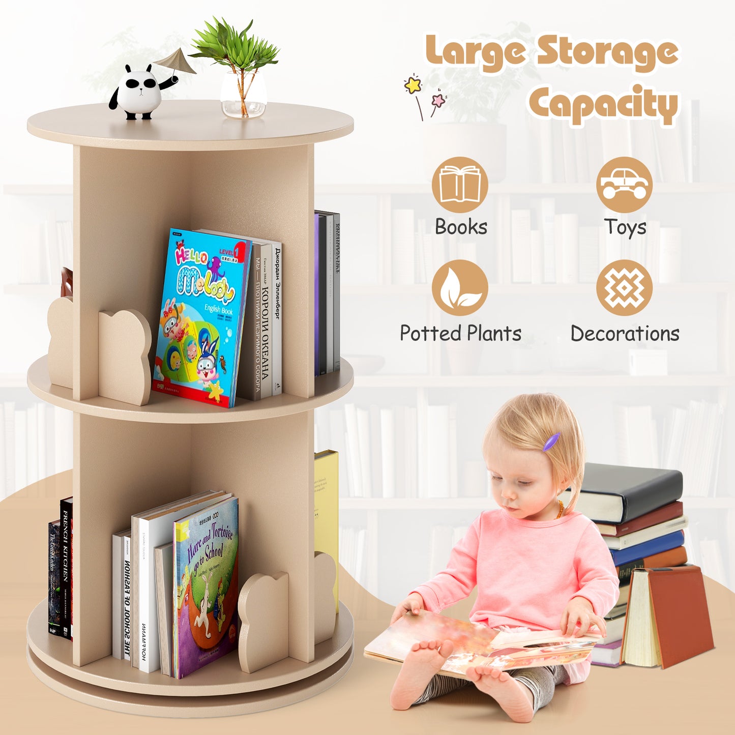 Rotating Bookshelf Cute 2-tier Kids Bookcase with Bear Bookends-Natural