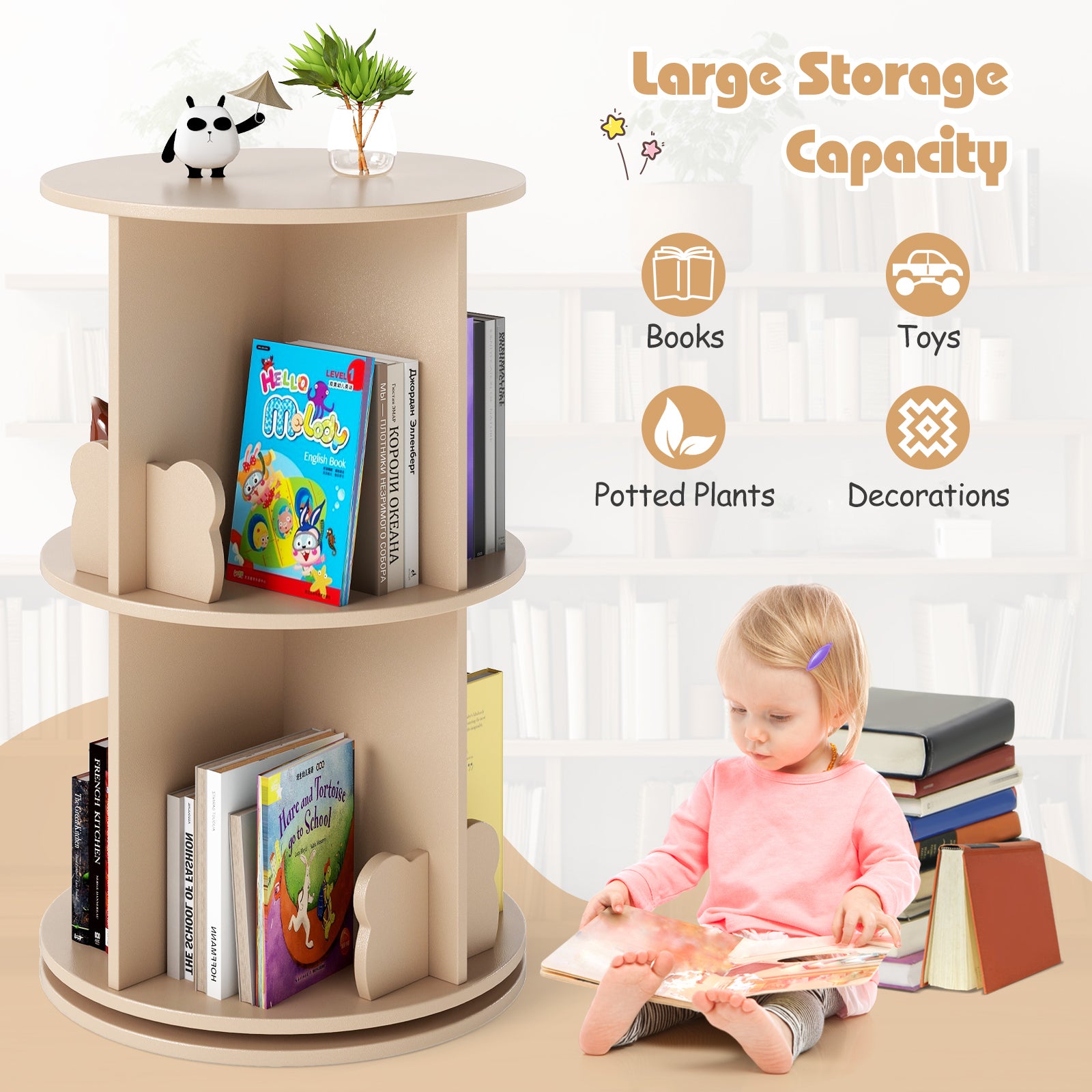 Rotating Bookshelf Cute 2-tier Kids Bookcase with Bear Bookends-Natural