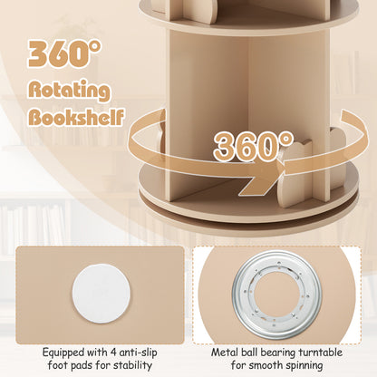 Rotating Bookshelf Cute 2-tier Kids Bookcase with Bear Bookends-Natural