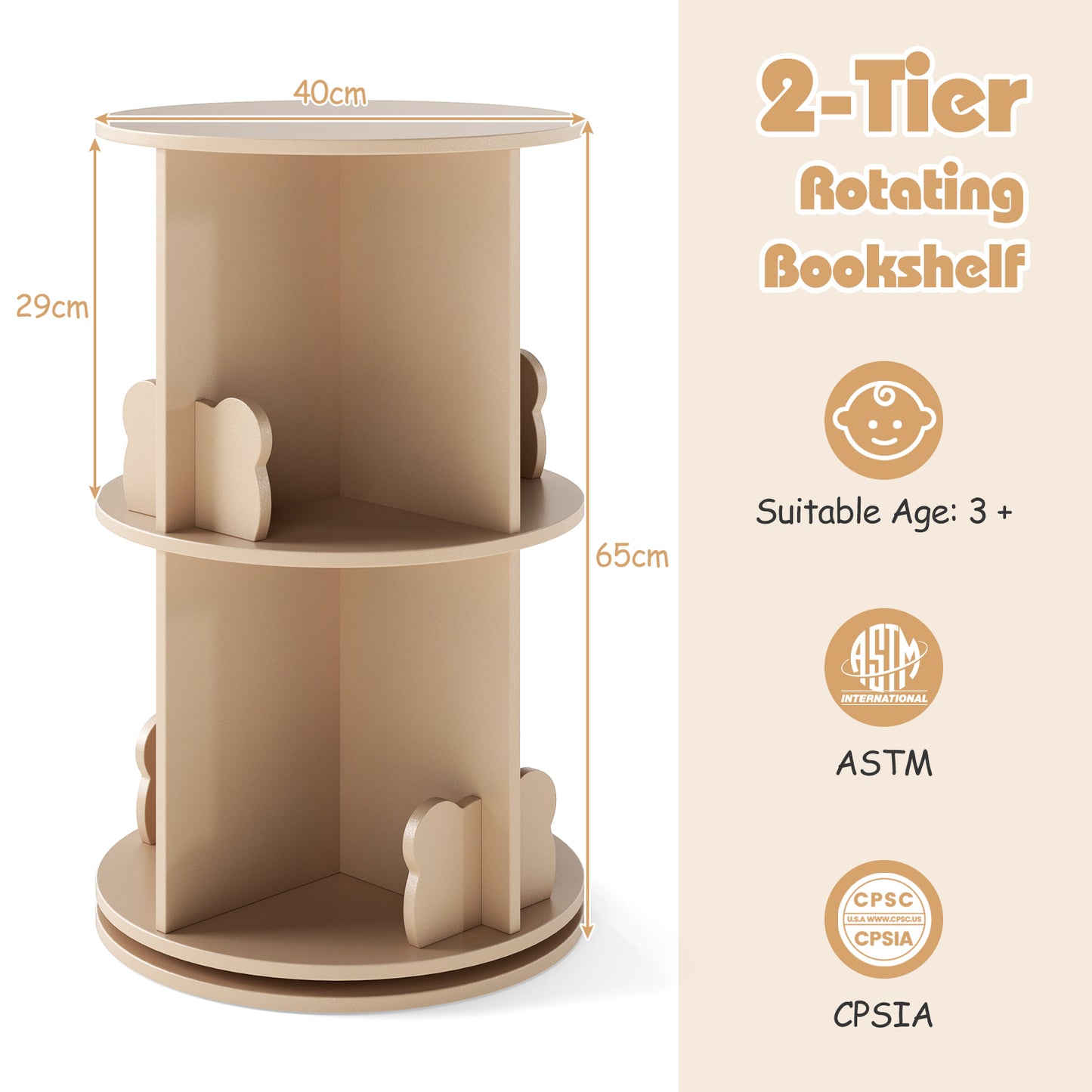 Rotating Bookshelf Cute 2-tier Kids Bookcase with Bear Bookends-Natural