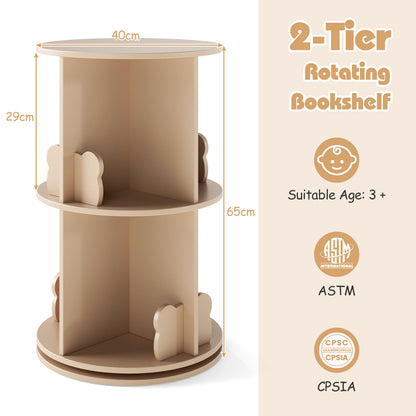 Rotating Bookshelf Cute 2-tier Kids Bookcase with Bear Bookends-Natural