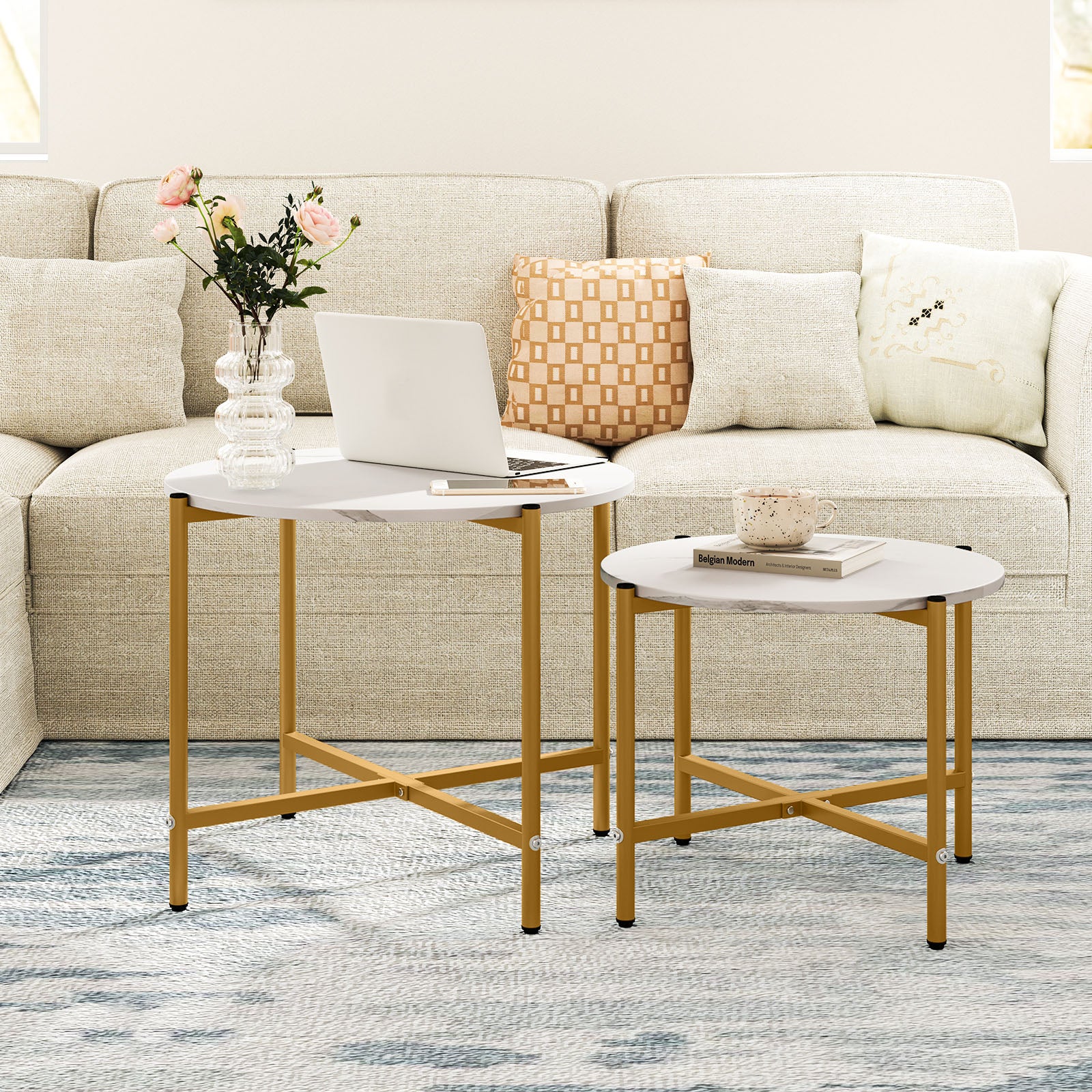 Round Coffee Table with Heavy-Duty Metal Frame for Living Room Set of 2-White