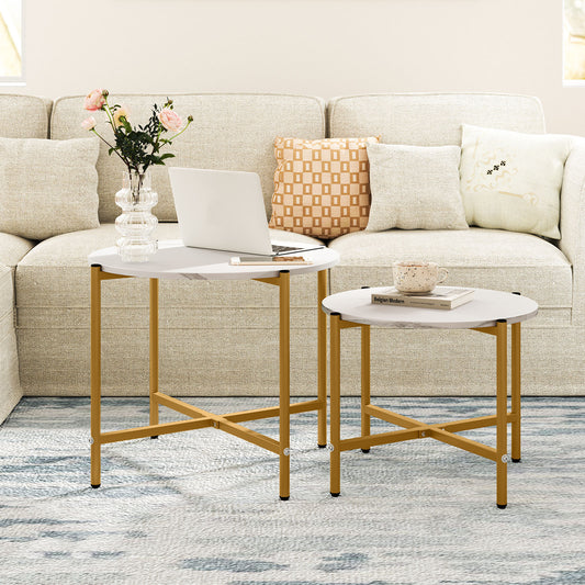 Round Coffee Table with Heavy-Duty Metal Frame for Living Room Set of 2-White