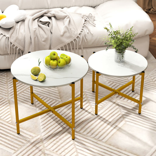 Round Coffee Table with Heavy-Duty Metal Frame for Living Room Set of 2-White