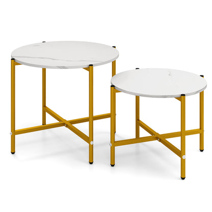 Round Coffee Table with Heavy-Duty Metal Frame for Living Room Set of 2-White