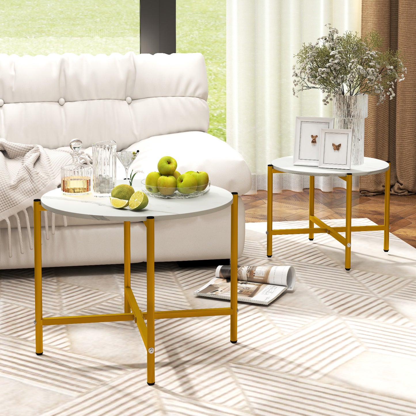 Round Coffee Table with Heavy-Duty Metal Frame for Living Room Set of 2-White