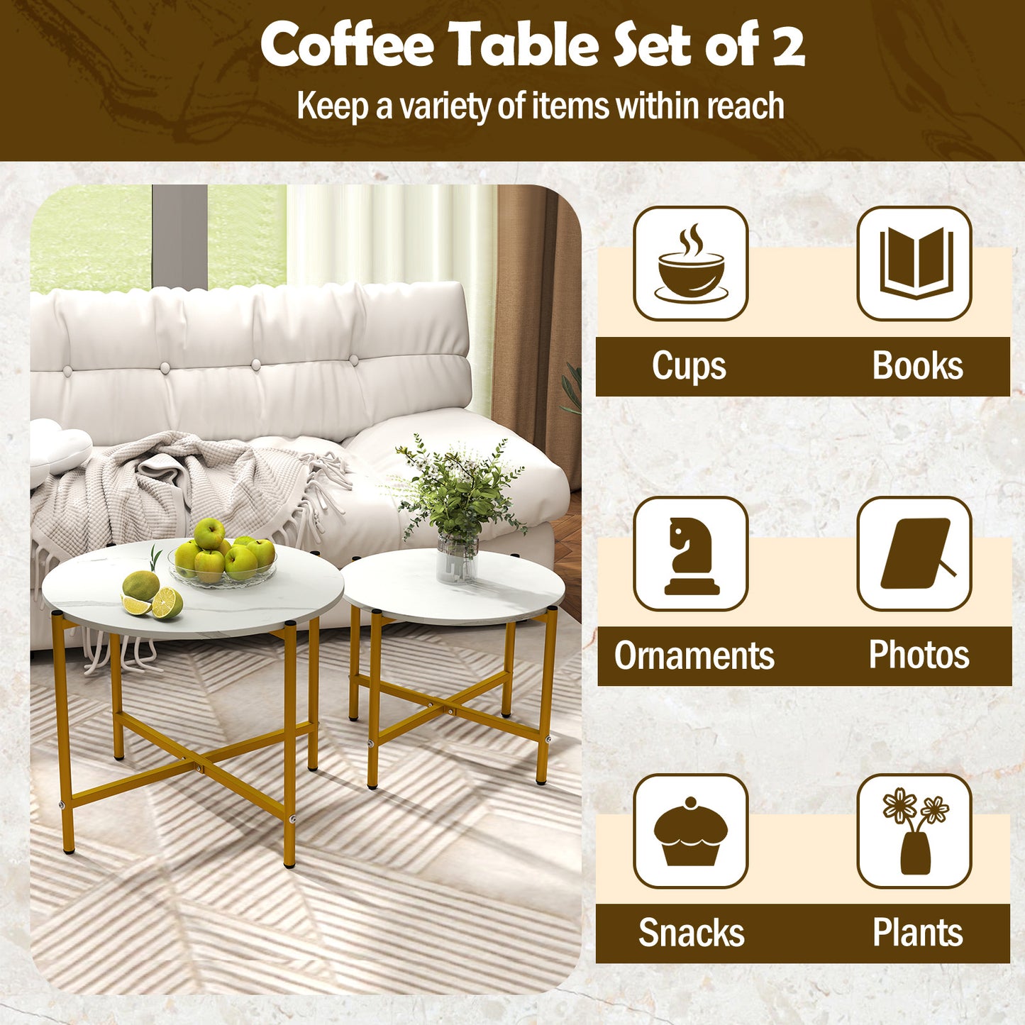 Round Coffee Table with Heavy-Duty Metal Frame for Living Room Set of 2-White