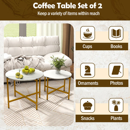 Round Coffee Table with Heavy-Duty Metal Frame for Living Room Set of 2-White