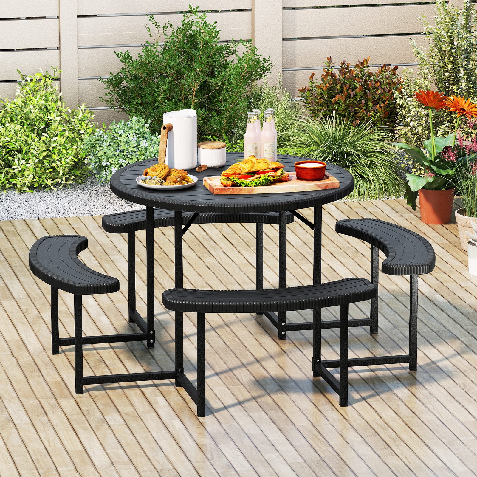 Round Picnic Table Bench Set Outdoor Circular Picnic Table with 4 Benches-Black