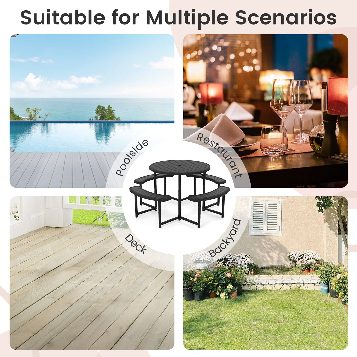 Round Picnic Table Bench Set Outdoor Circular Picnic Table with 4 Benches-Black