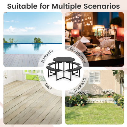 Round Picnic Table Bench Set Outdoor Circular Picnic Table with 4 Benches-Black