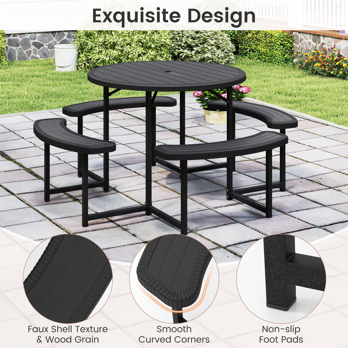 Round Picnic Table Bench Set Outdoor Circular Picnic Table with 4 Benches-Black