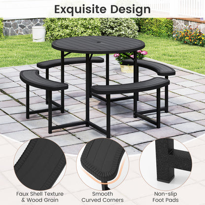Round Picnic Table Bench Set Outdoor Circular Picnic Table with 4 Benches-Black