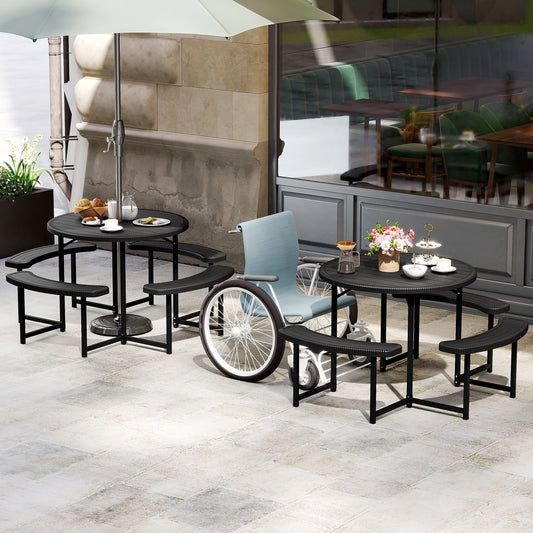 Round Picnic Table Bench Set Outdoor Circular Picnic Table with 4 Benches-Black