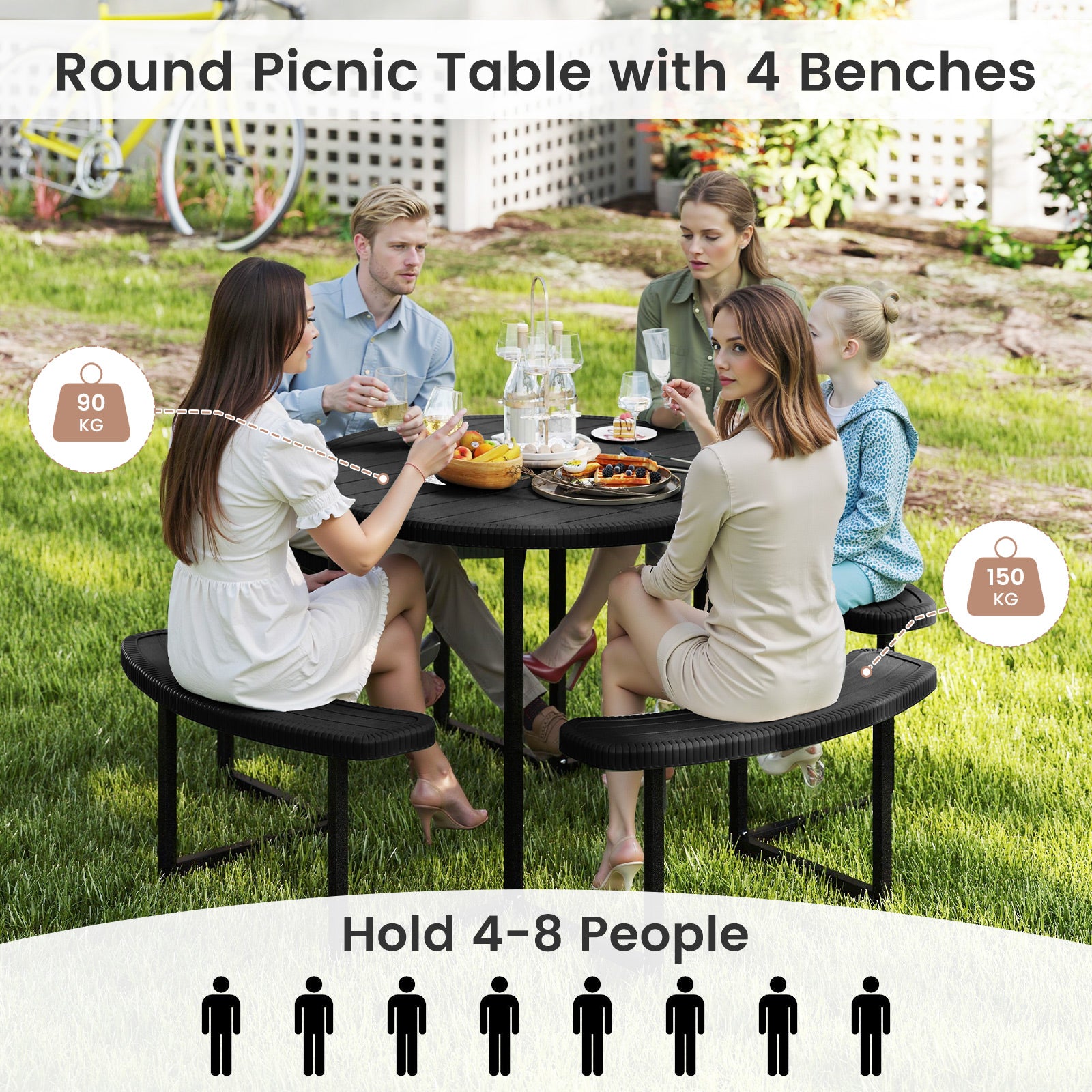 Round Picnic Table Bench Set Outdoor Circular Picnic Table with 4 Benches-Black