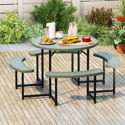 Round Picnic Table Bench Set Outdoor Circular Picnic Table with 4 Benches-Green