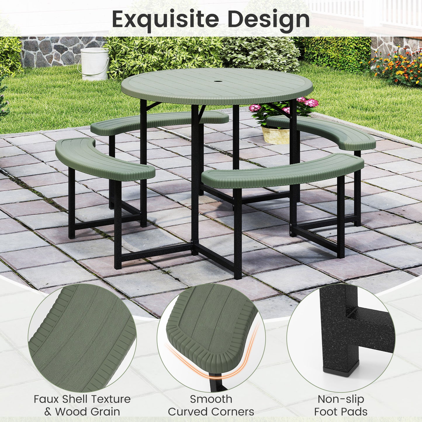 Round Picnic Table Bench Set Outdoor Circular Picnic Table with 4 Benches-Green