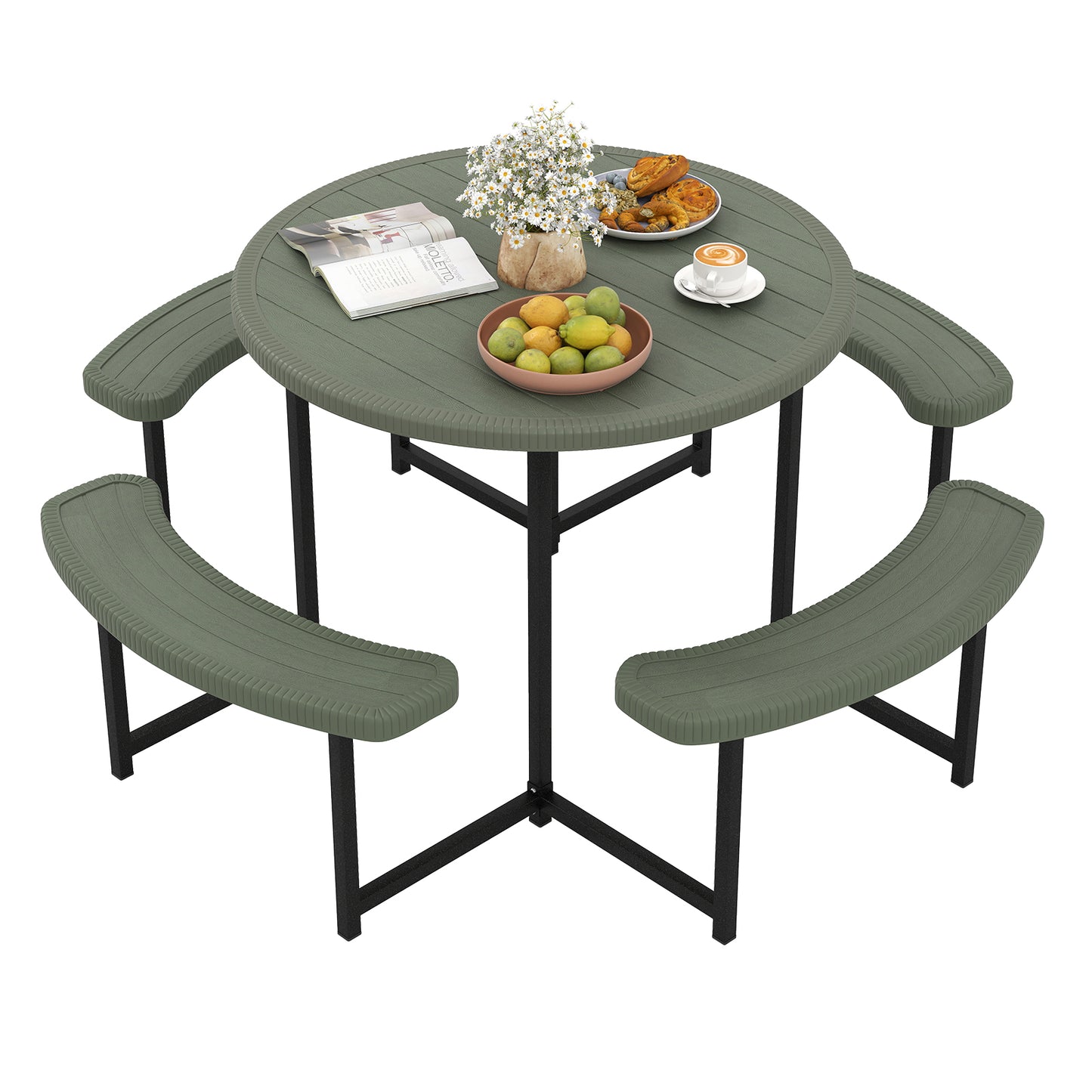 Round Picnic Table Bench Set Outdoor Circular Picnic Table with 4 Benches-Green