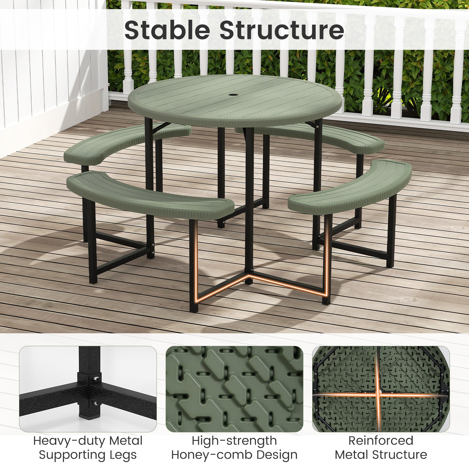 Round Picnic Table Bench Set Outdoor Circular Picnic Table with 4 Benches-Green