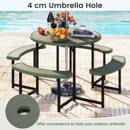 Round Picnic Table Bench Set Outdoor Circular Picnic Table with 4 Benches-Green