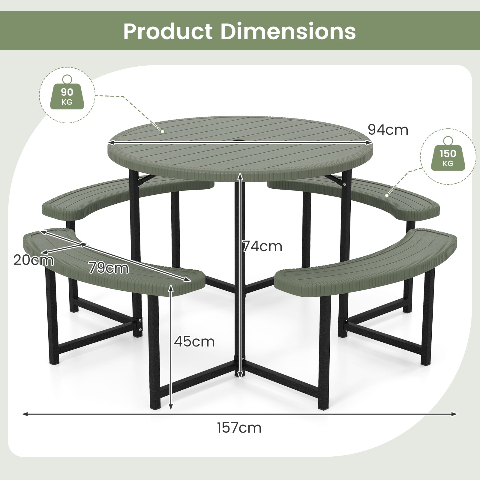 Round Picnic Table Bench Set Outdoor Circular Picnic Table with 4 Benches-Green
