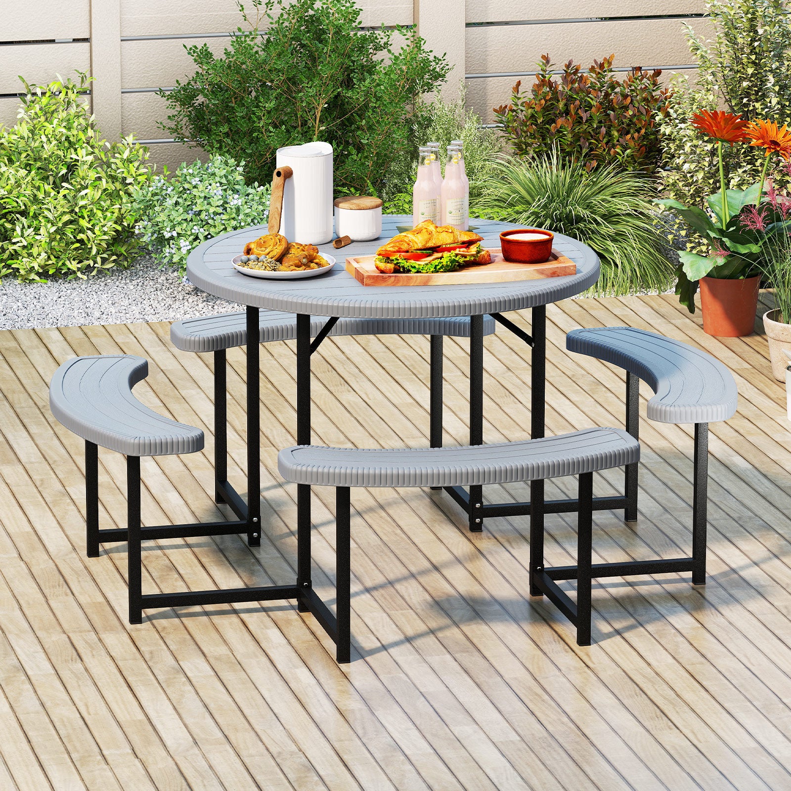 Round Picnic Table Bench Set Outdoor Circular Picnic Table with 4 Benches-Grey