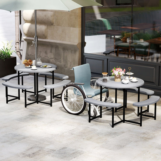 Round Picnic Table Bench Set Outdoor Circular Picnic Table with 4 Benches-Grey