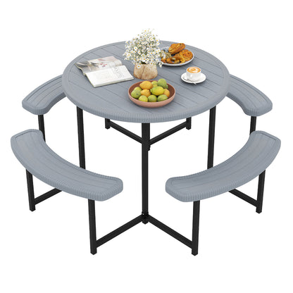 Round Picnic Table Bench Set Outdoor Circular Picnic Table with 4 Benches-Grey