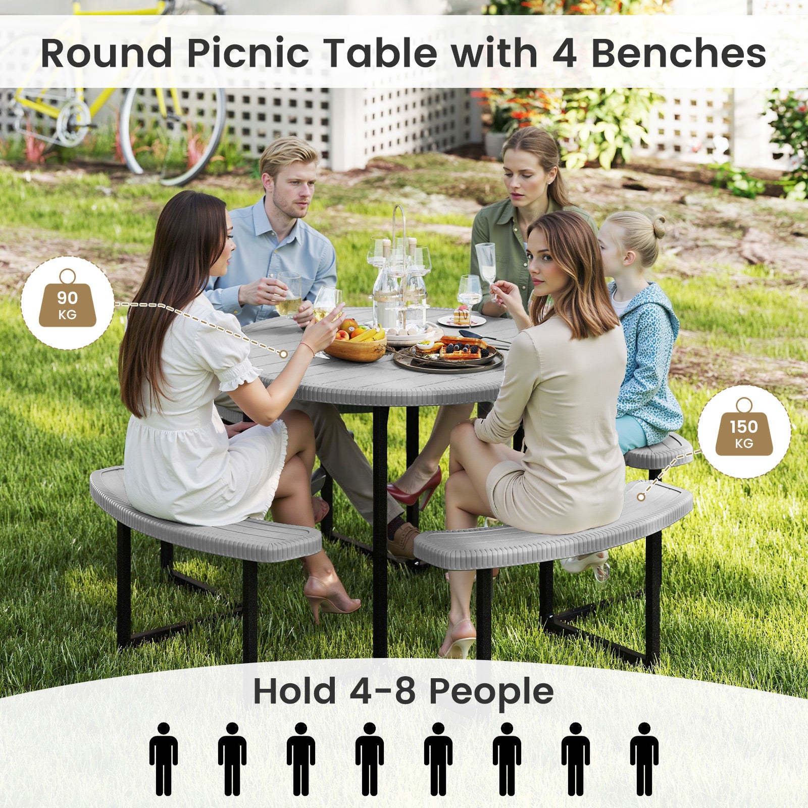 Round Picnic Table Bench Set Outdoor Circular Picnic Table with 4 Benches-Grey